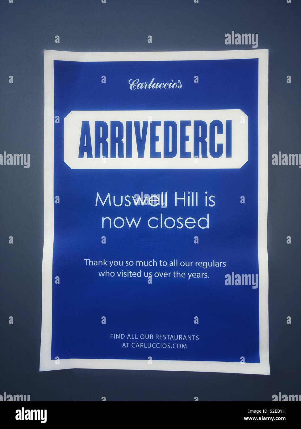 A sign announcing the closure of Carluccio’s restaurant in Muswell Hill in London, England on November 17 2018 - Smartphone Captured Stock Image