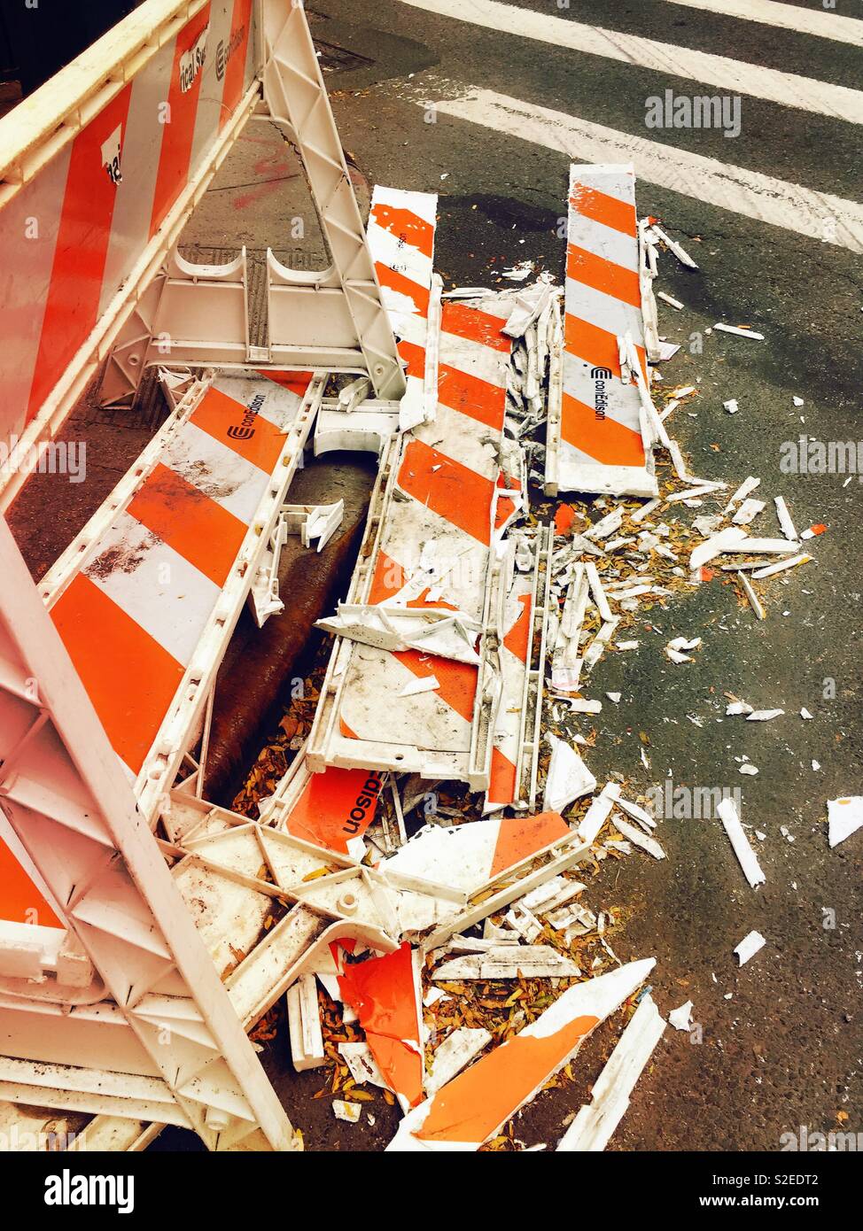 Damaged Street barricades on Fifth Avenue in New York City, United States - Smartphone Captured Stock Image
