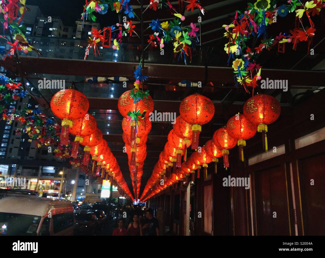 Beautifully lightened up streets during Chinese New Year in the busy streets of China Town, Singapore Stock Photo