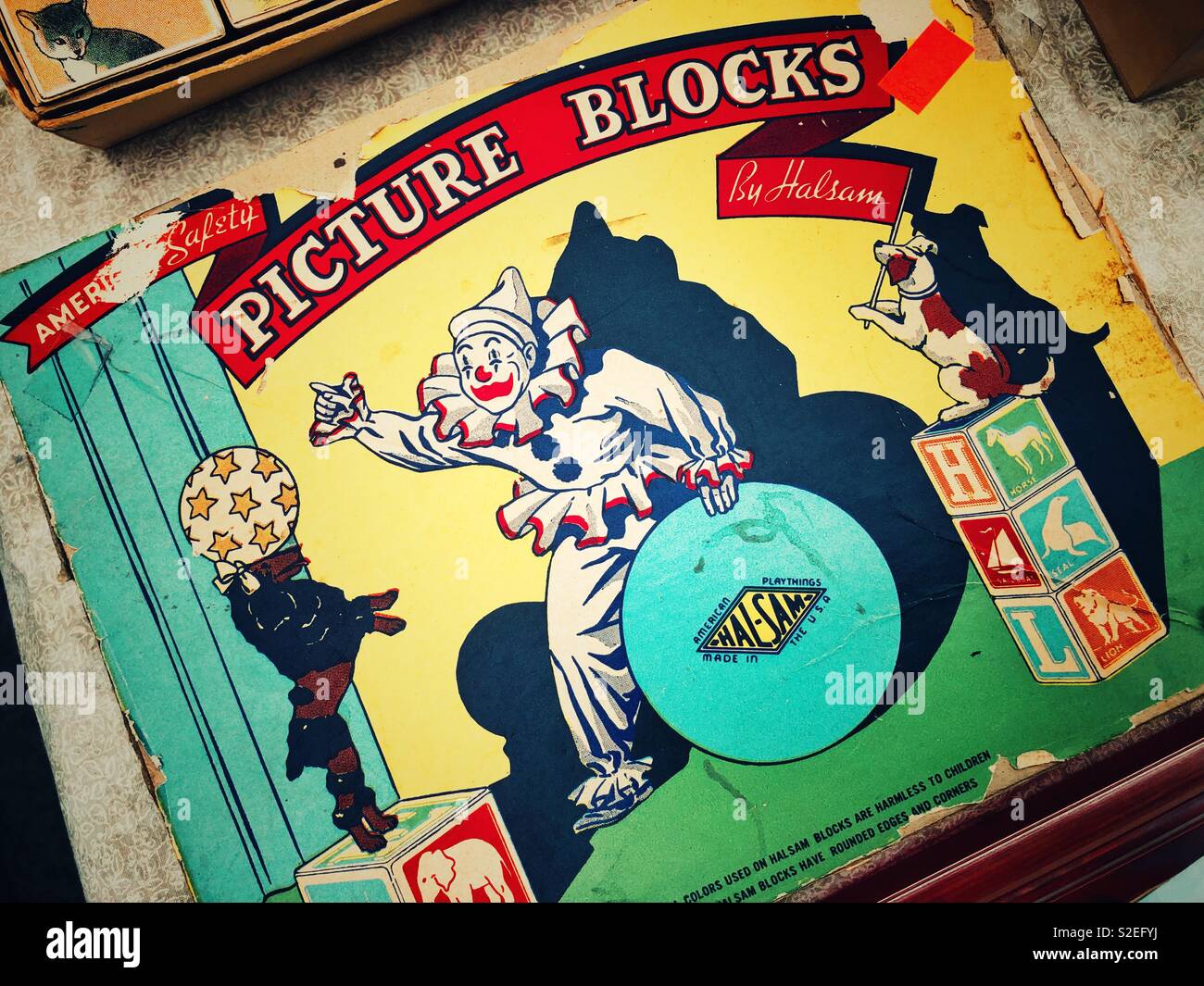 Vintage box cover for picture blocks at flea market in Tacoma, WA - Smartphone Captured Stock Image