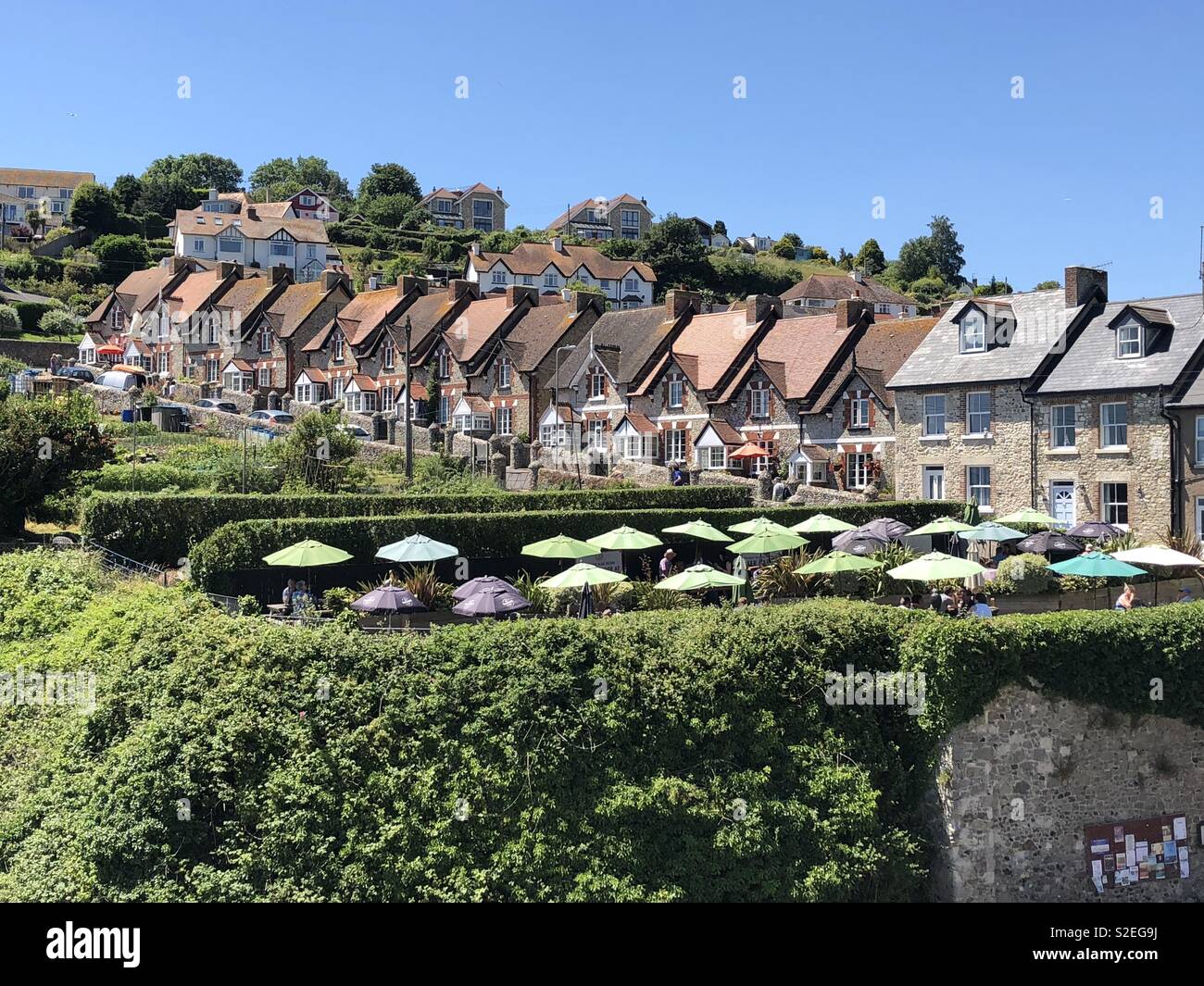 View over the beer garden of The Anchor Inn and Common Lane, Beer, Devon, UK Stock Photo Alamy