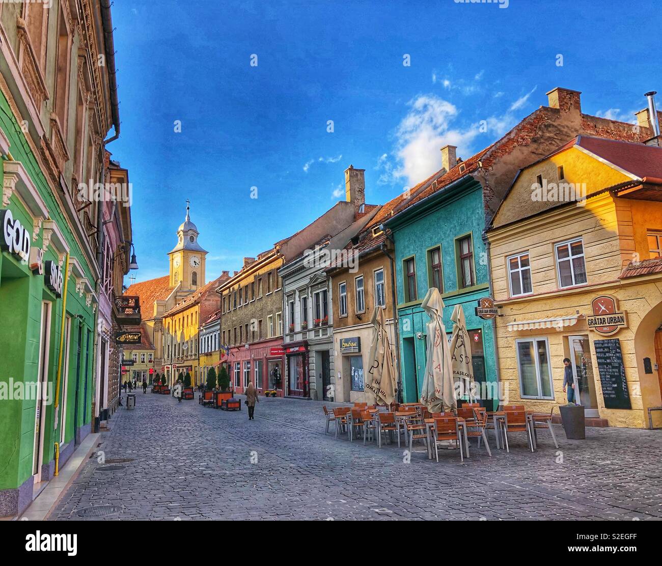 A quiet pedestrian street in Brasov, Romania. - Smartphone Captured Stock Image