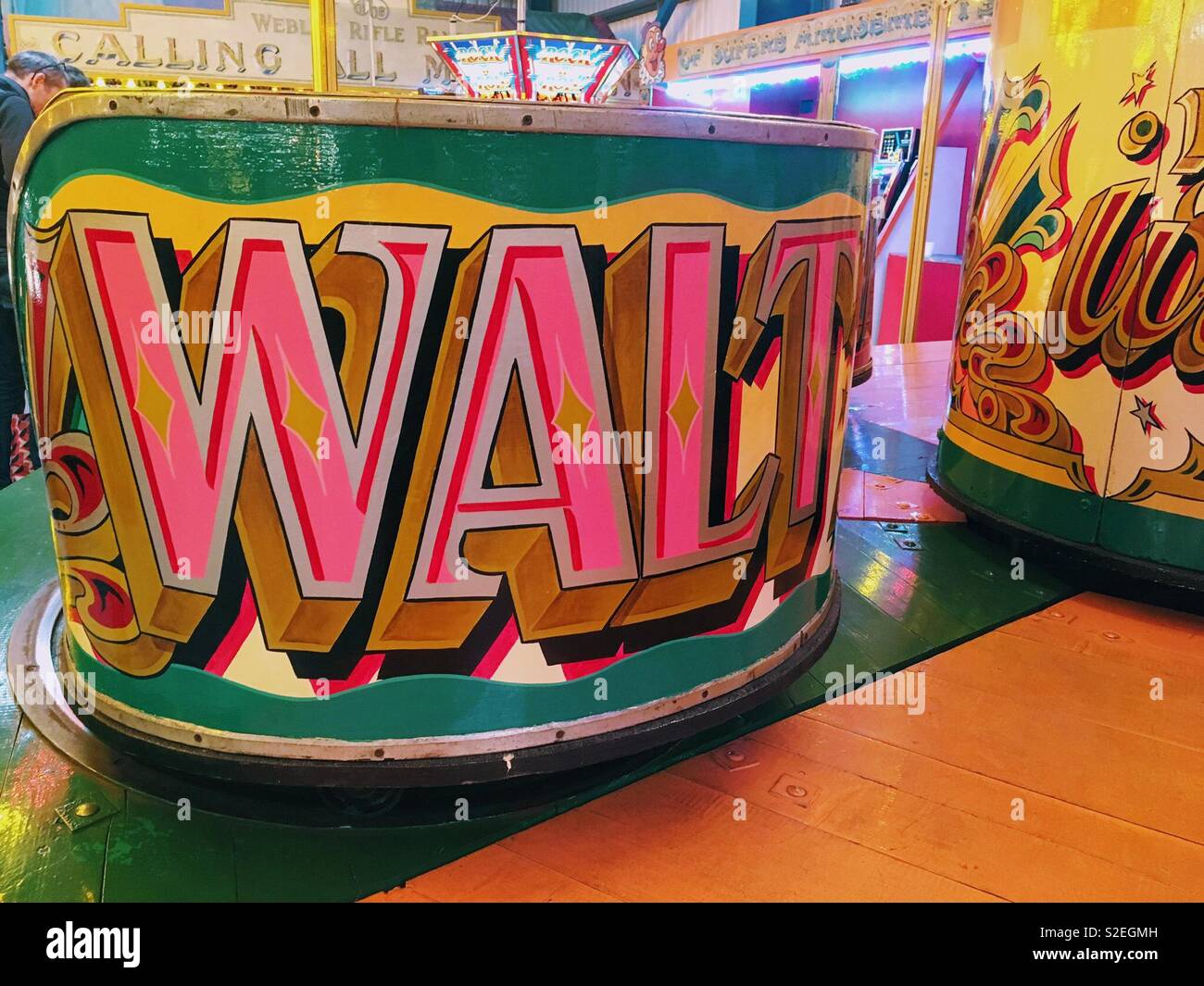 Waltzer car showing hand painted type at Dingles Fairground Heritage Centre Stock Photo