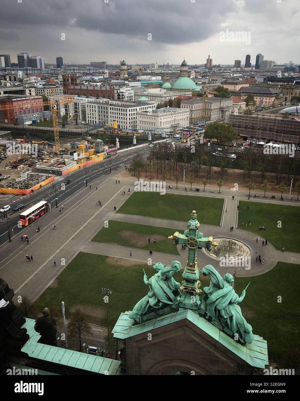 View from Berliner Dom cathedral roof looking south west, with building work for the new U5 underground line visible below, where the Museumsinsel station will be. Stock Photo