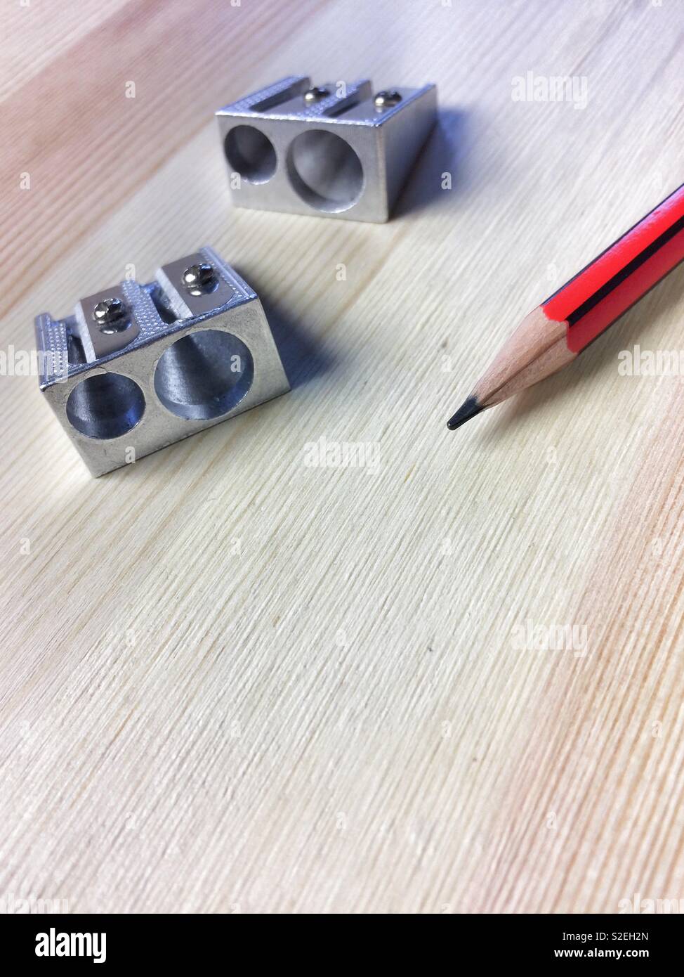 Sharpeners and pencil,close up view. Stock Photo