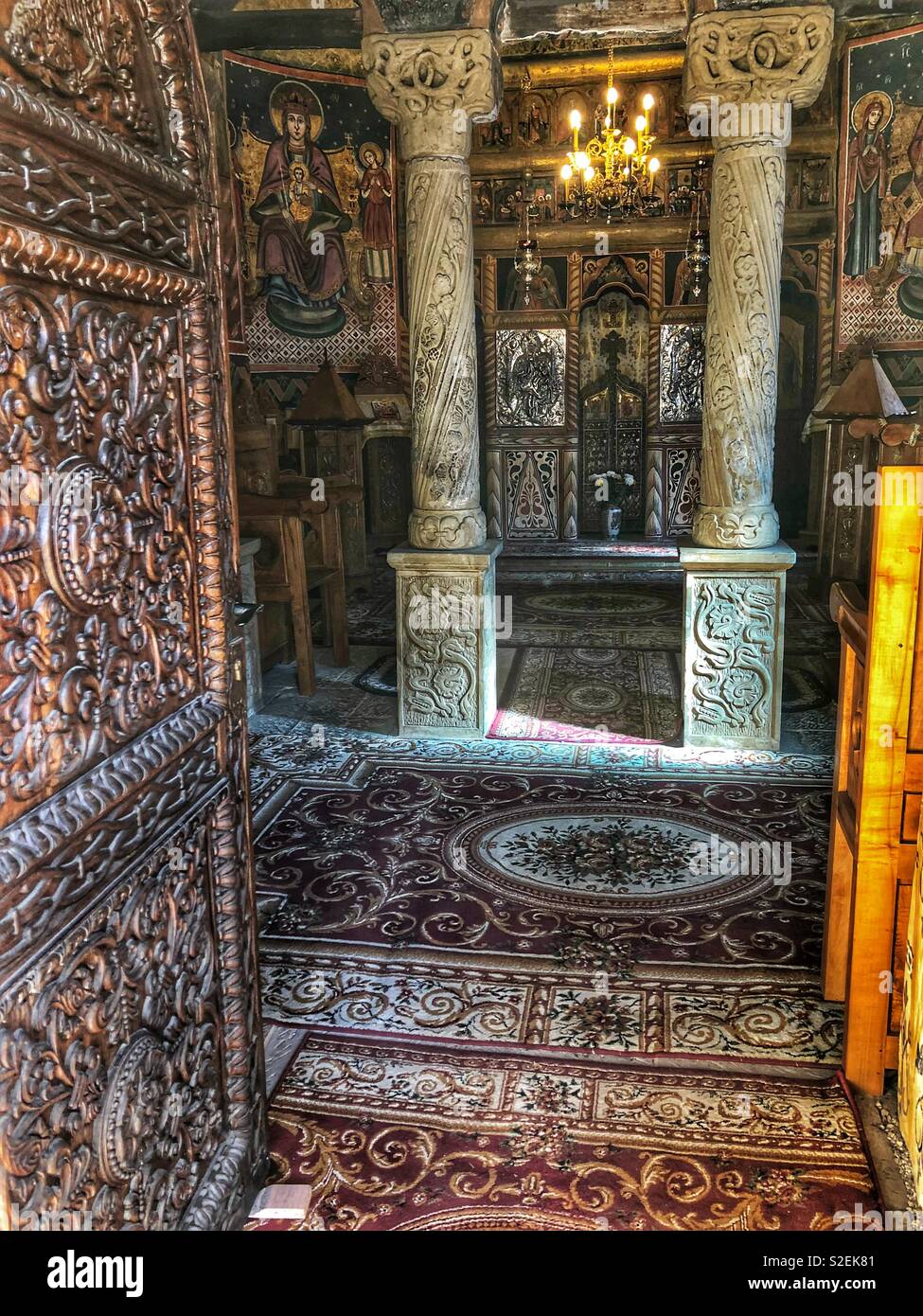 Ornate interior of the Sinaia Monastery in Romania. - Smartphone Captured Stock Image