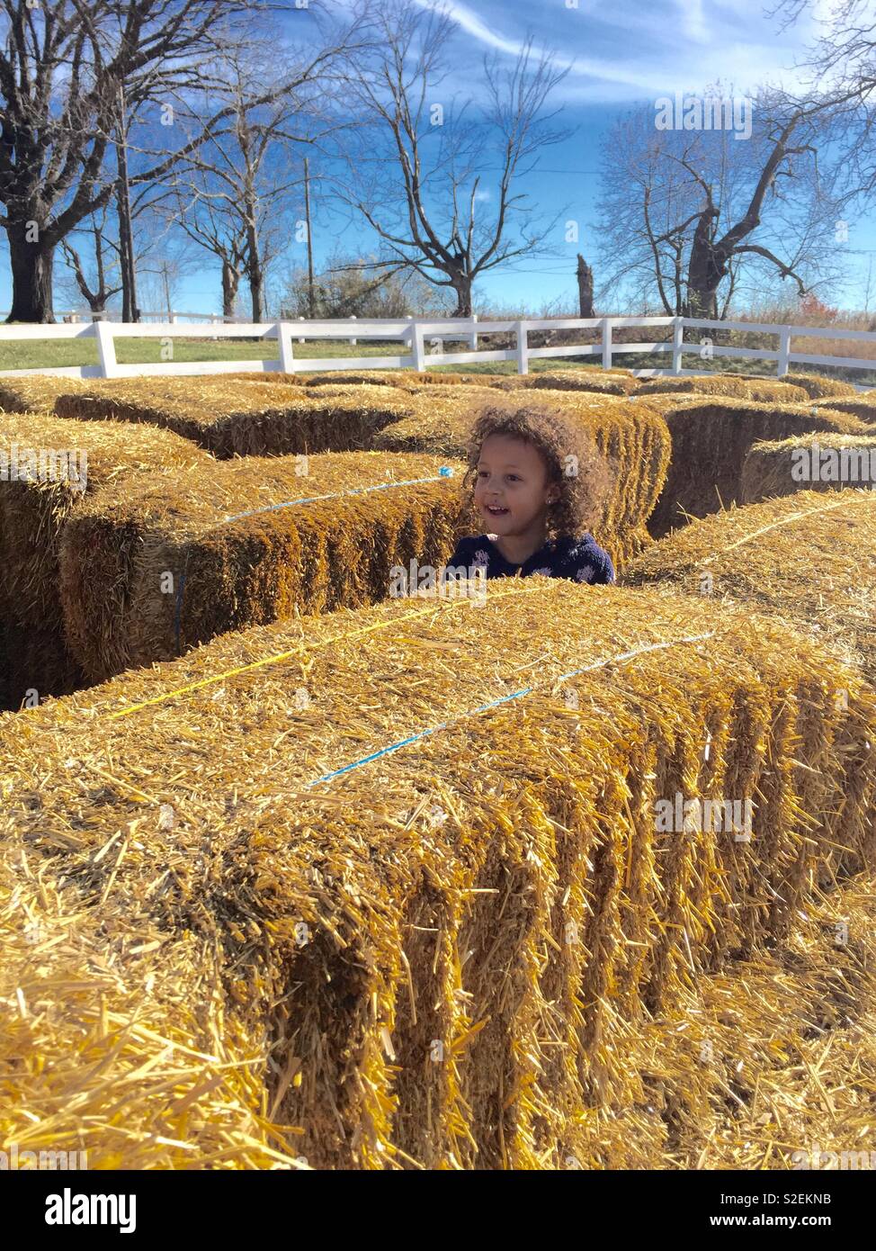 Girl in haybale maze Stock Photo