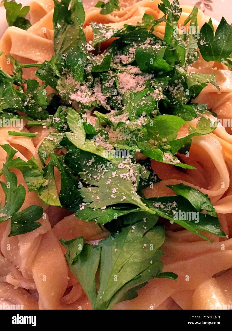 Pastor entrée of fettuccine noodles and parsley, close-up - Smartphone Captured Stock Image