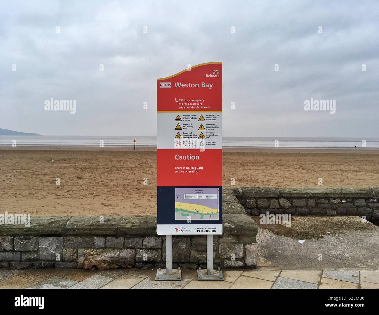A sign giving water safety information in WestonsuperMare, UK Stock