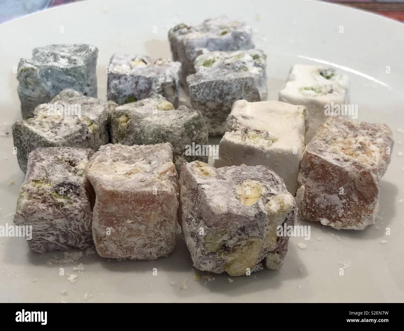 Different assortments of lokum, typical turkish delicacy that is based on a mixture of starch and sugar that is colored with food coloring Stock Photo