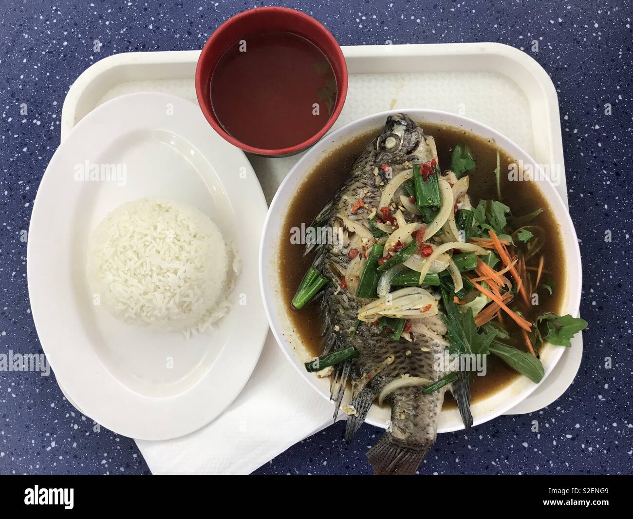 Tilapia Fish Thai style with black pepper sauce at a foodcourt in Sydney’s Chinatown. - Smartphone Captured Stock Image