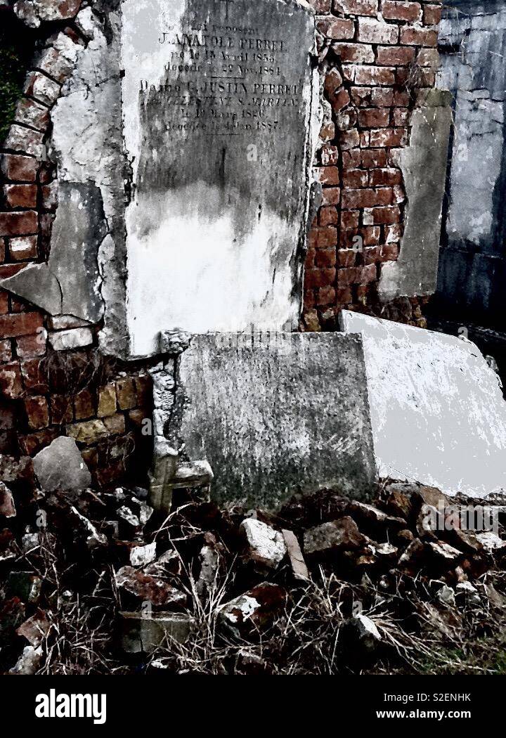 French Catholic tomb in disrepair near New Orleans, Louisiana, USA. - Smartphone Captured Stock Image