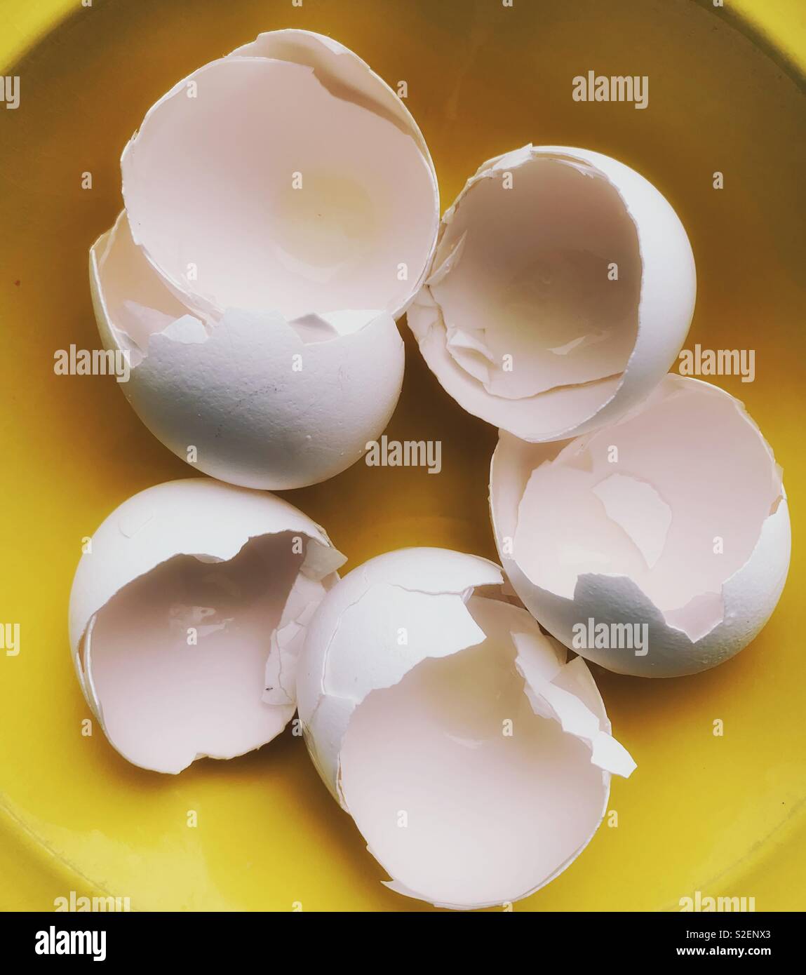 Broken white eggshells in a yellow bowl Stock Photo