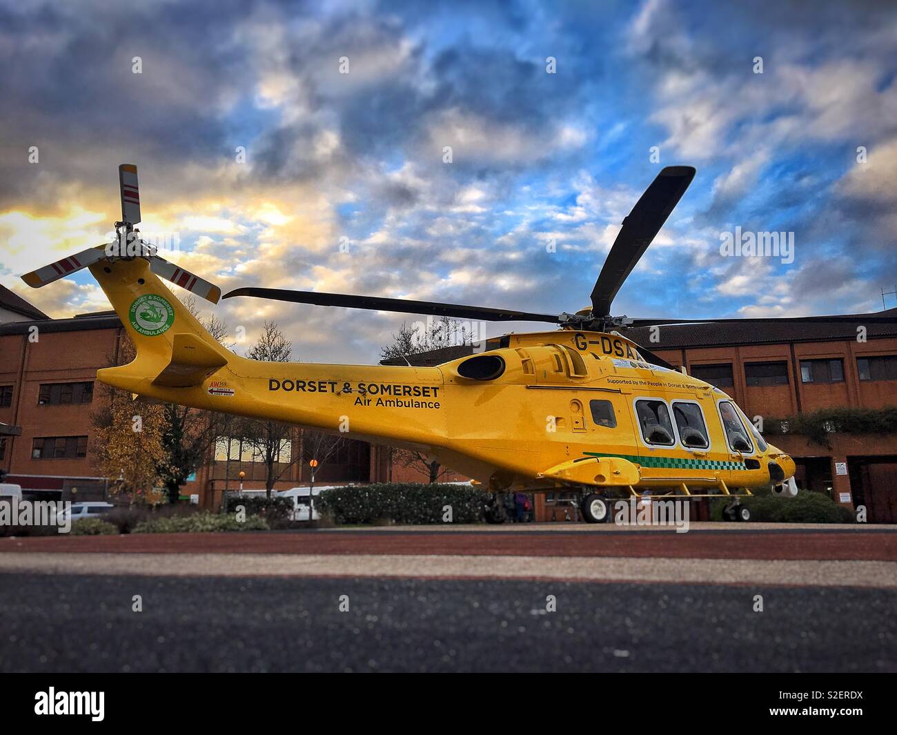 Air ambulance helicopter at Musgrove Park hospital Taunton uk Stock Photo