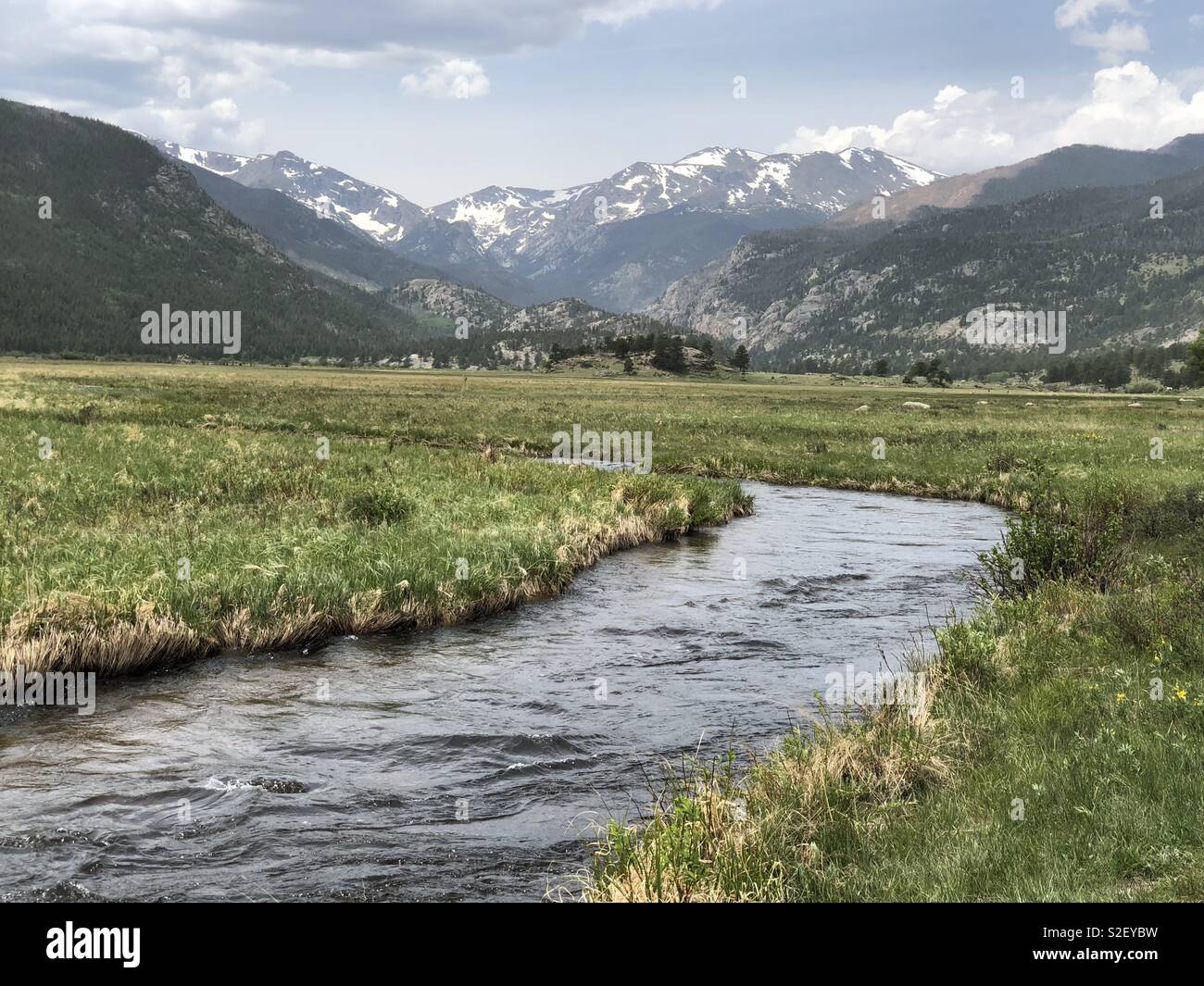 A summertime view of the river running through Moraine Park in Rocky Mountain National Park in Colorado. - Smartphone Captured Stock Image