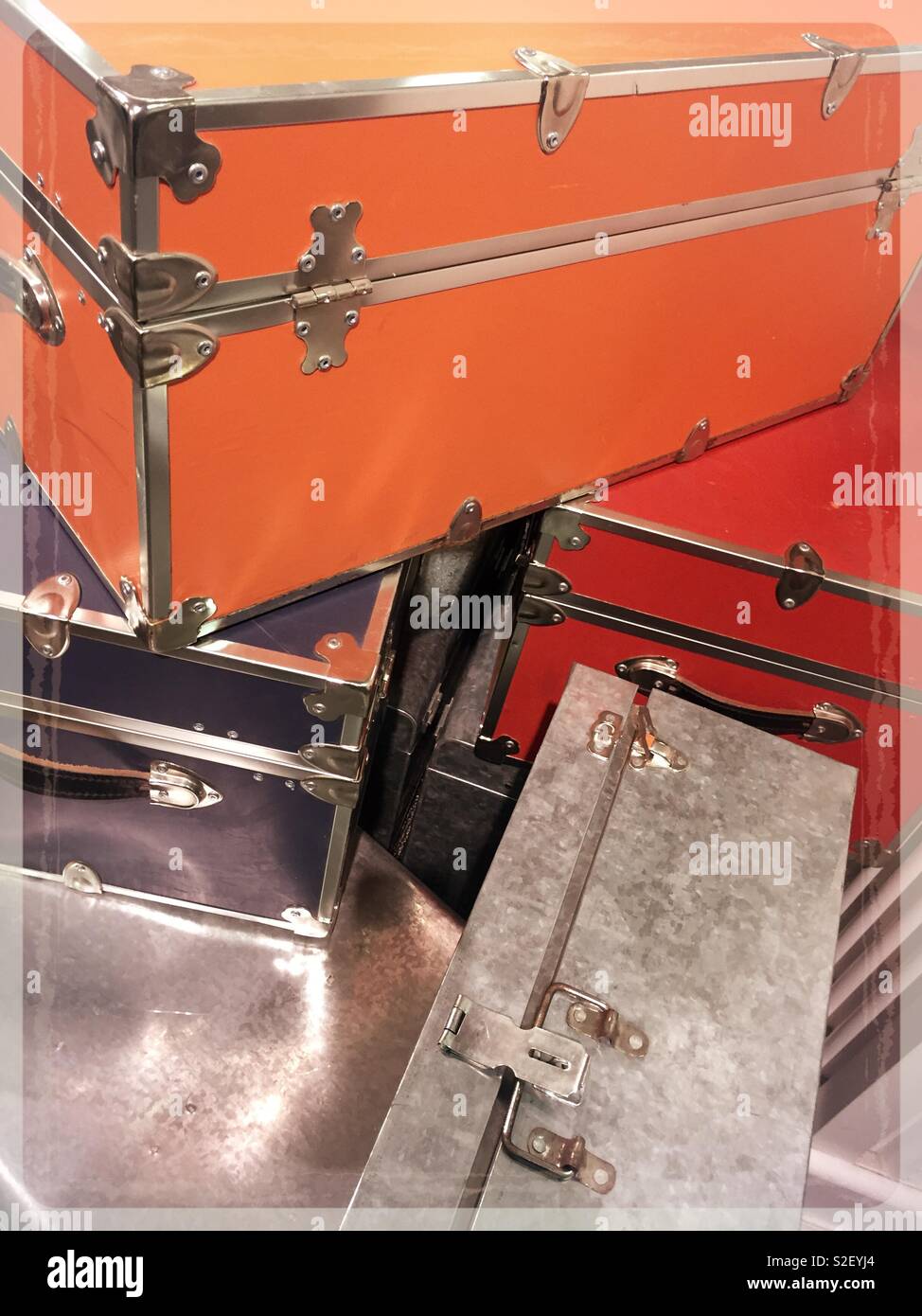 Pile of vintage wardrobe trunks, United States - Smartphone Captured Stock Image