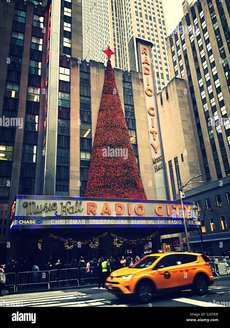 Radio city Music hall holiday decorations and main entrance on Avenue of the Americas, New York City, United States Stock Photo