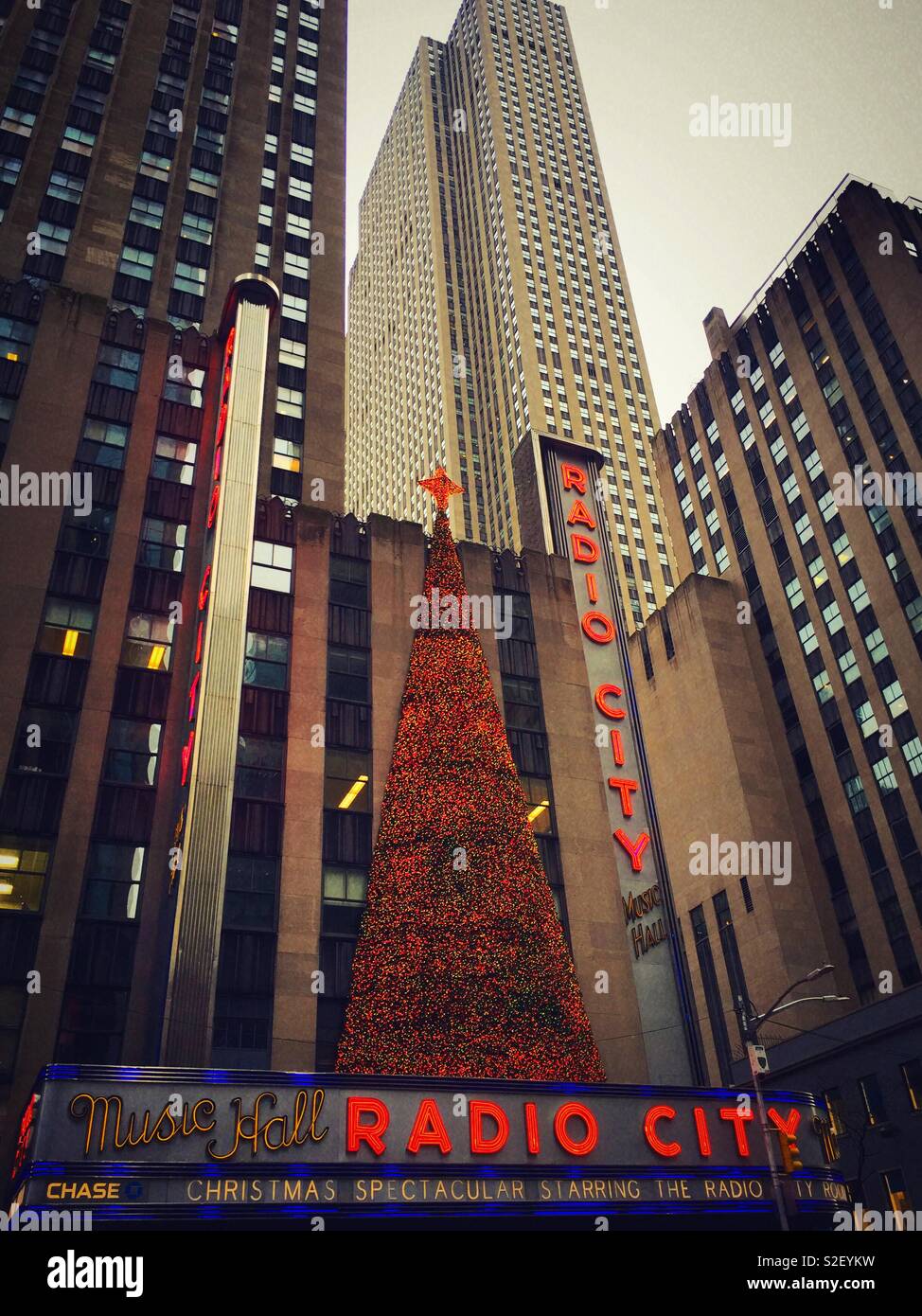 Radio city music hall in Rockefeller Center all dressed up for the holidays, NYC, USA - Smartphone Captured Stock Image