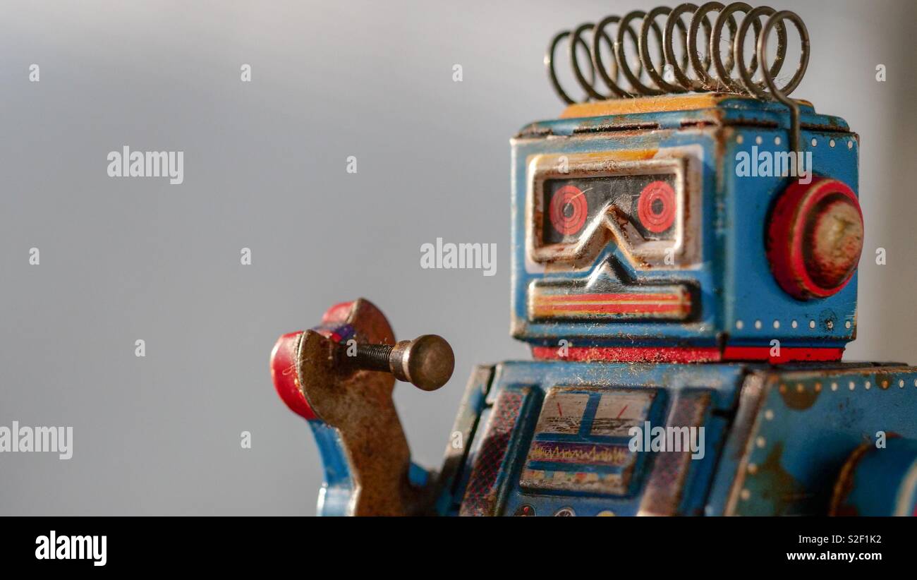 Portrait of vintage tin robot toy Stock Photo