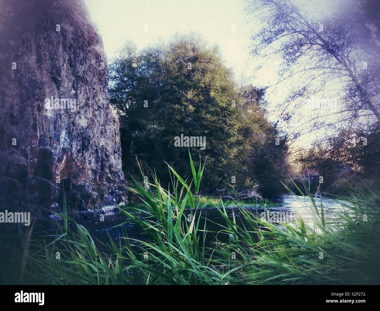 River flowing beside rock face in Eastern Washington state, autumn scene - Smartphone Captured Stock Image
