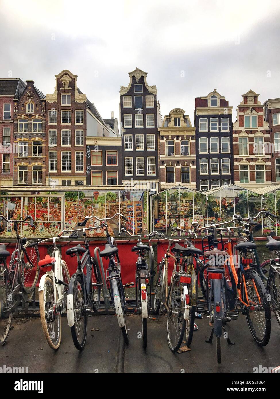 The Dutchest photo - bikes, canal, houses and cloudy weather Stock Photo