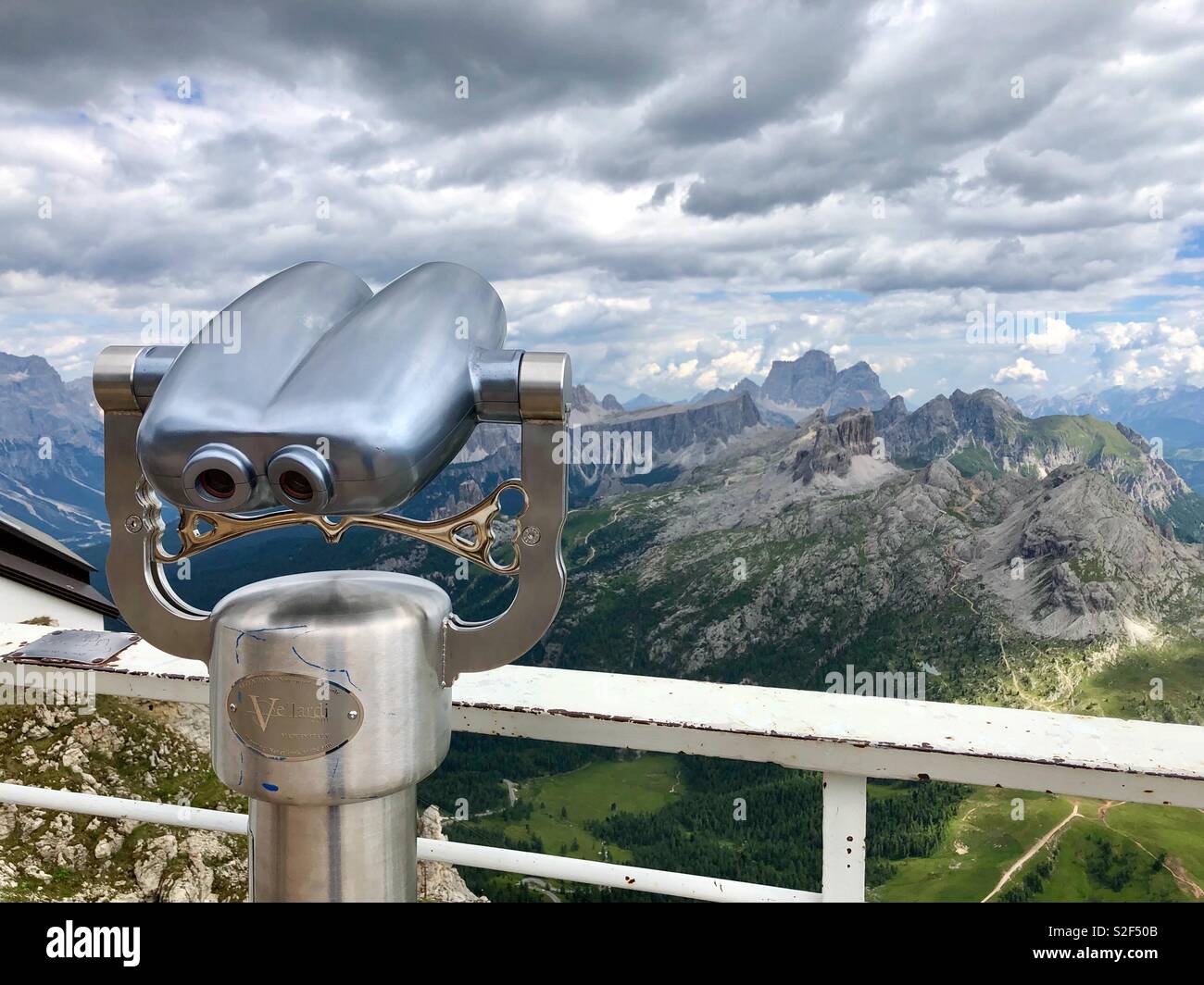 Coin operated binoculars in the Dolomites, Italy. View from Lagazuoi