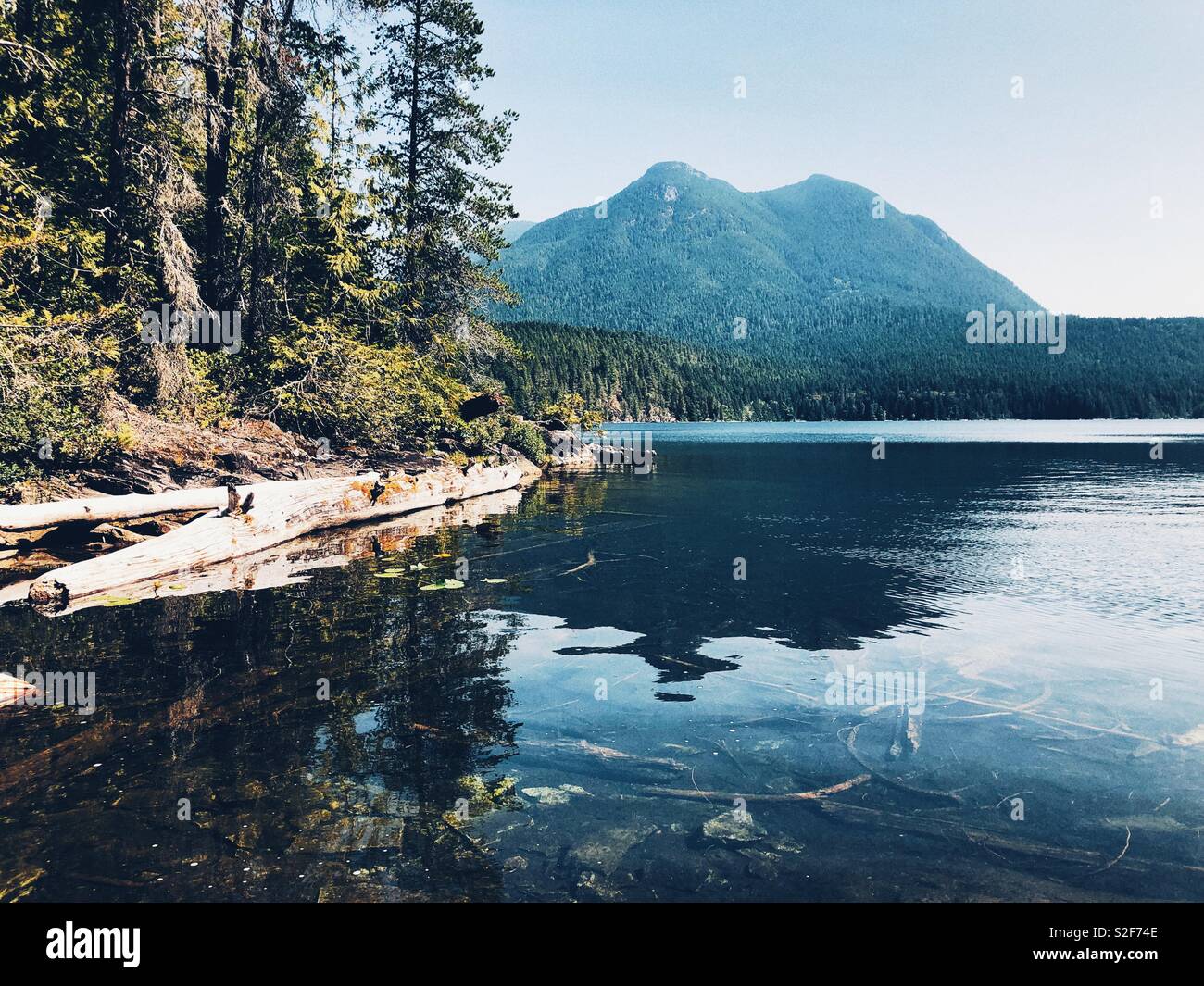 Clear fresh water of Unwin Lake in Desolation Sound Marine Provincial Park, BC, Canada - Smartphone Captured Stock Image