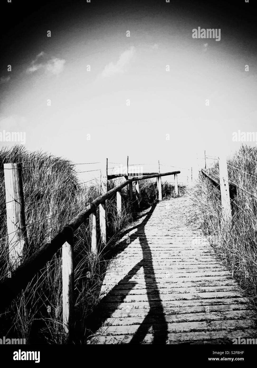 Black and white image of wooden boardwalk over sand dunes to East Beach in Littlehampton - Smartphone Captured Stock Image