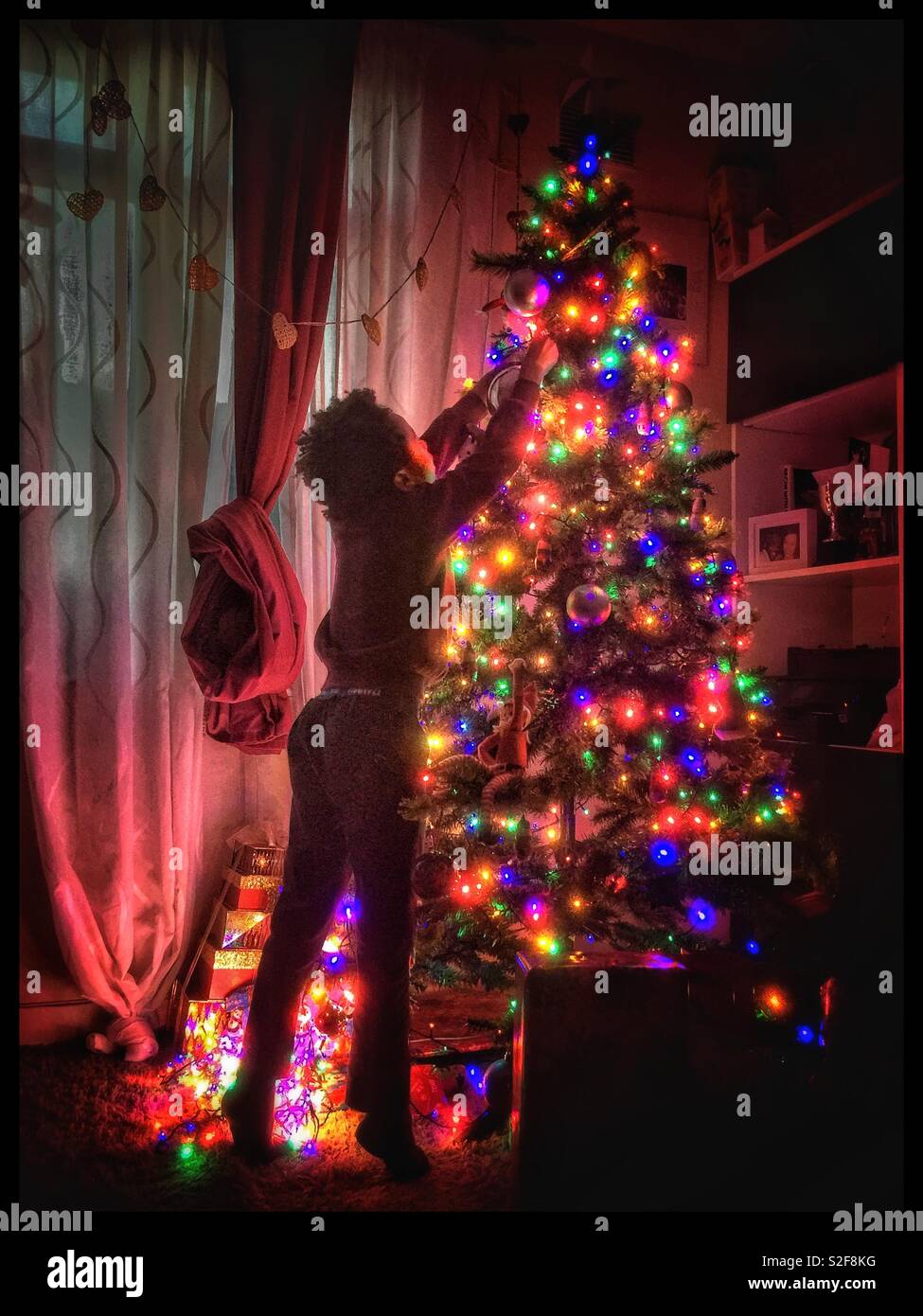 A child reaches up to decorate a Christmas tree - Smartphone Captured Stock Image