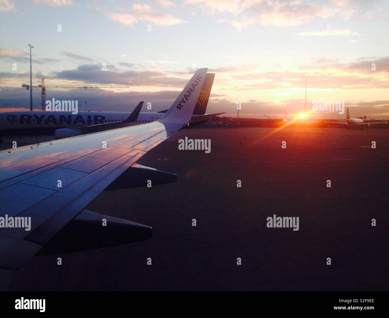 Ryanair fly at sunset. Frankfurt am Main airport. Germany - Smartphone Captured Stock Image