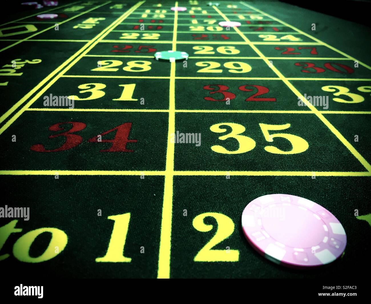 Chips placed as bets on a roulette table. - Smartphone Captured Stock Image