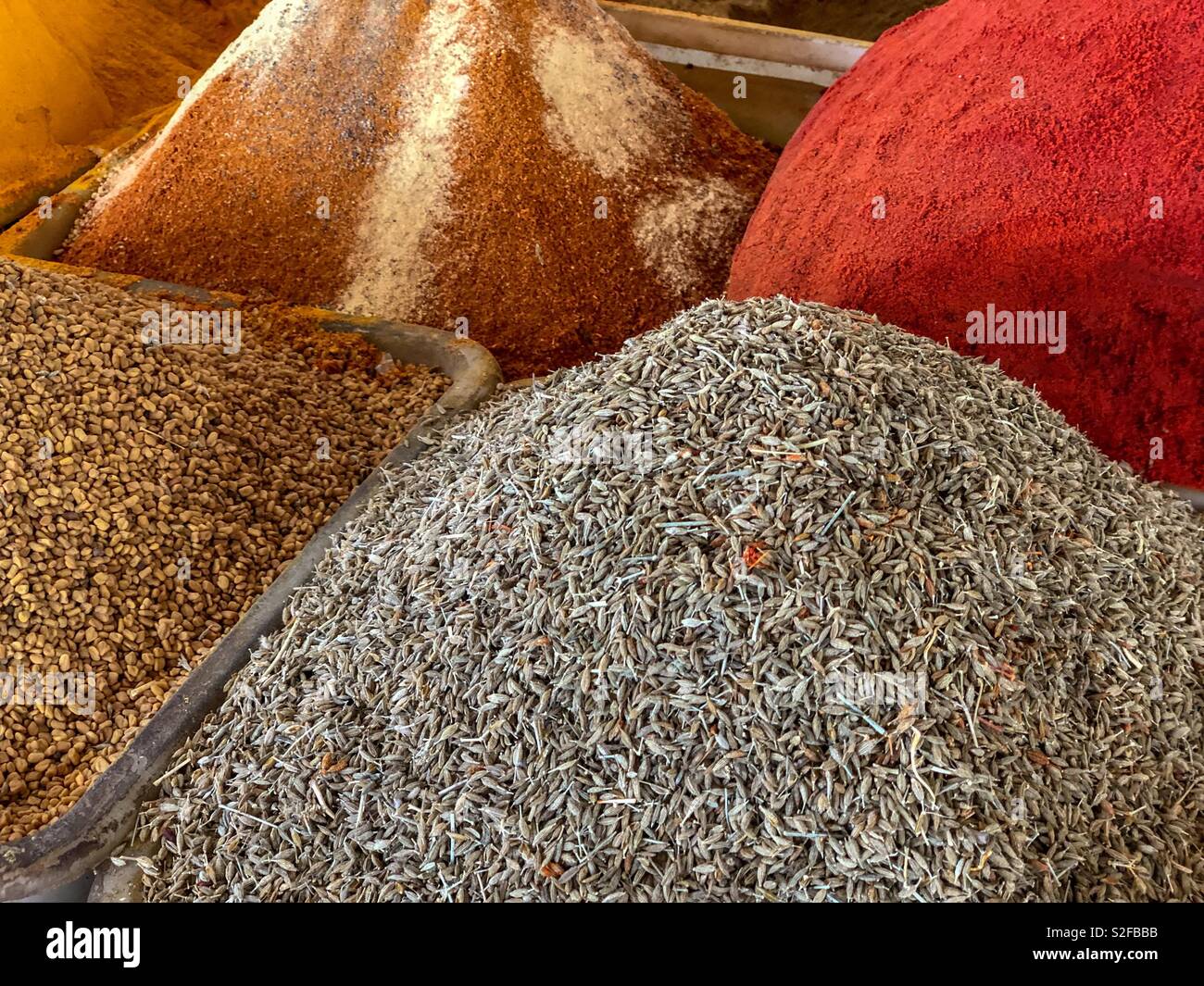 Herbs and spices for sale at a Moroccan souk market Stock Photo