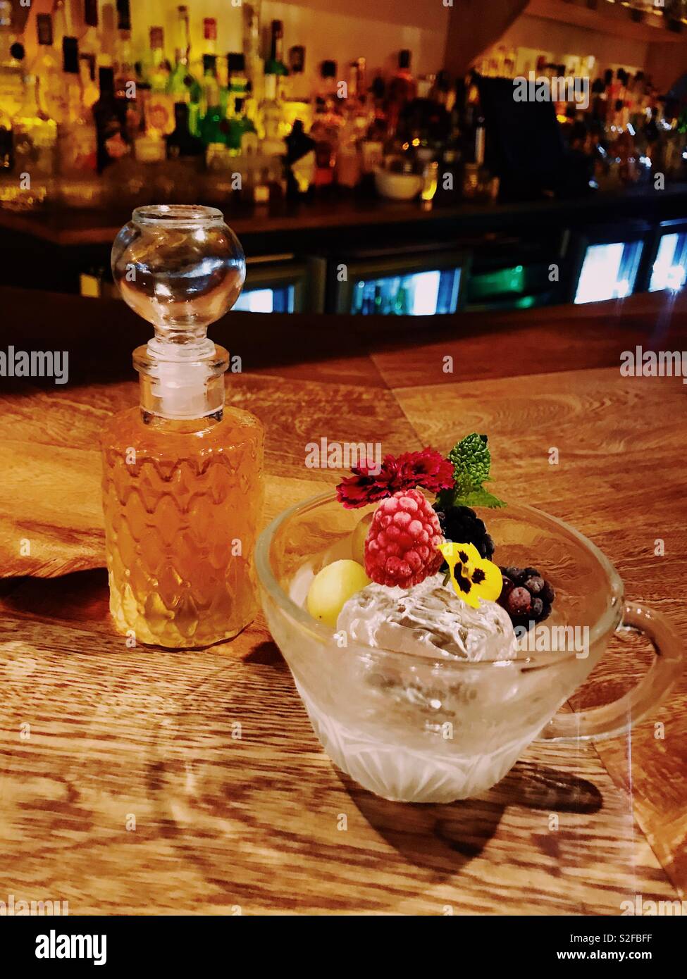 Cognac Punch. Cocktail served in Baltra Bar. Mexico city (CDMX), Mexico. 11th of May 2018 - Smartphone Captured Stock Image