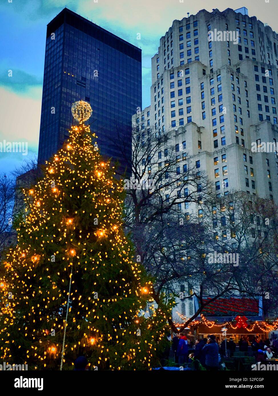 The Christmas tree in Madison Square, Park with skyscrapers on Madison