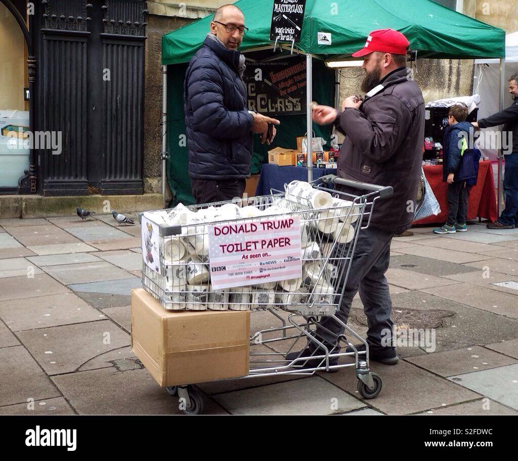 Donald Trump toilet paper being sold by a street vendor in Bath, United Kingdom. - Smartphone Captured Stock Image