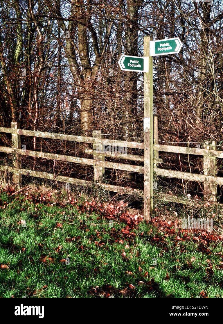 Public Footpath signs right to roam access across private farm land. - Smartphone Captured Stock Image