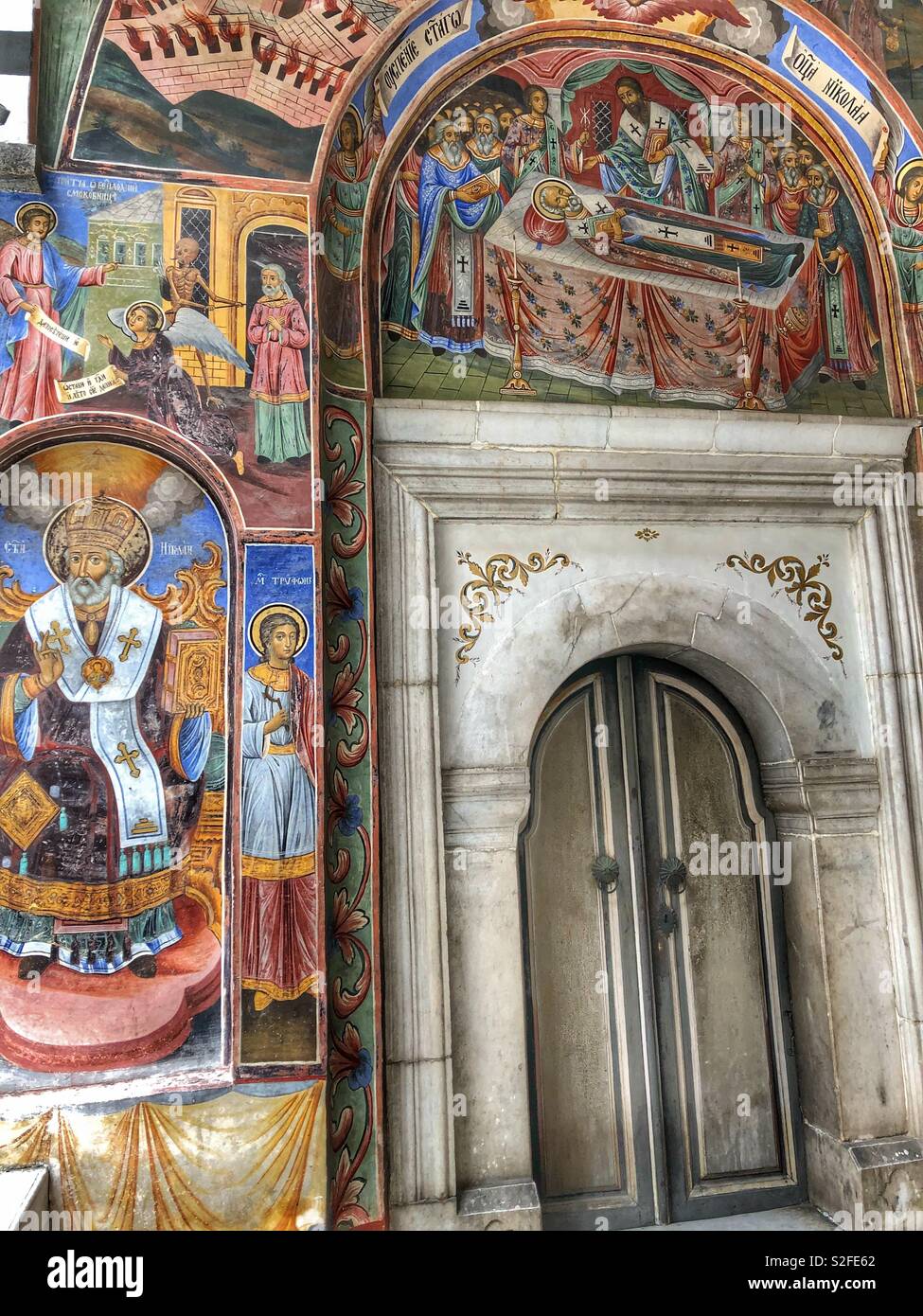 Colourful frescoes at the Rila Monastery in Bulgaria. - Smartphone Captured Stock Image