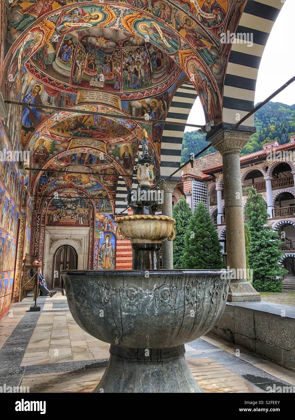 The painted ceilings of the Rila Monastery, a UNESCO World Heritage Site in Bulgaria. - Smartphone Captured Stock Image