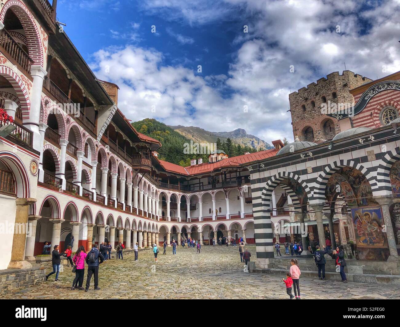 The courtyard of the Rila Monastery in Bulgaria, a UNESCO World Heritage Site. - Smartphone Captured Stock Image