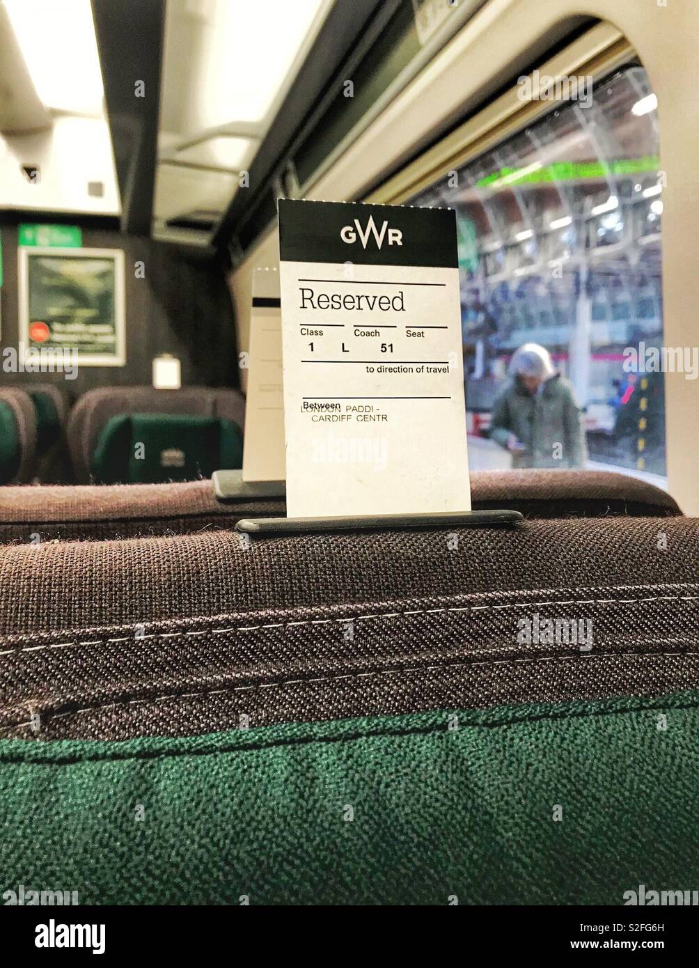 Ticket on the back of a reserved seat on a train operated by Great Western Railway Stock Photo