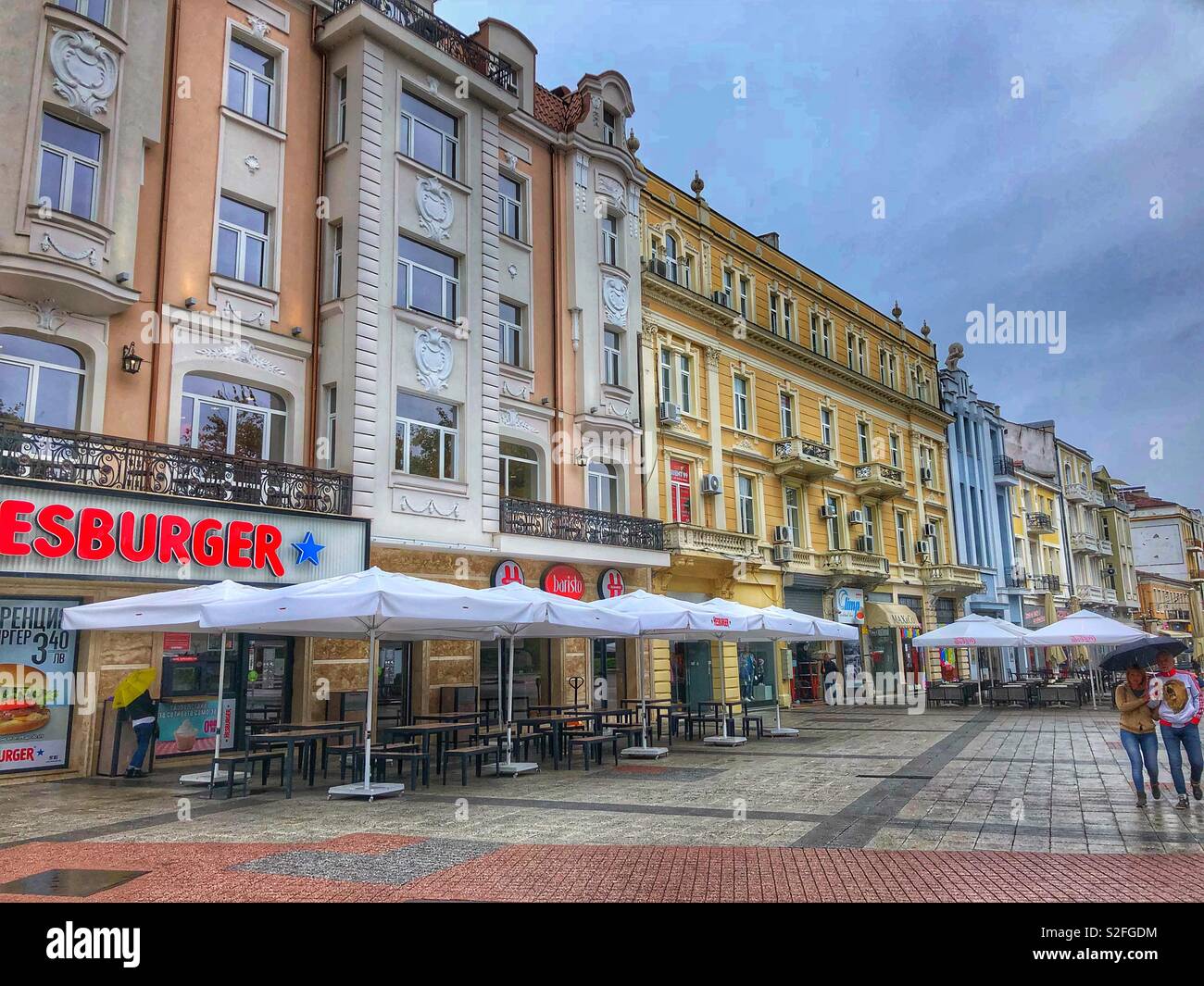 A rainy day on the pedestrian zone in Plovdiv, Bulgaria. - Smartphone Captured Stock Image