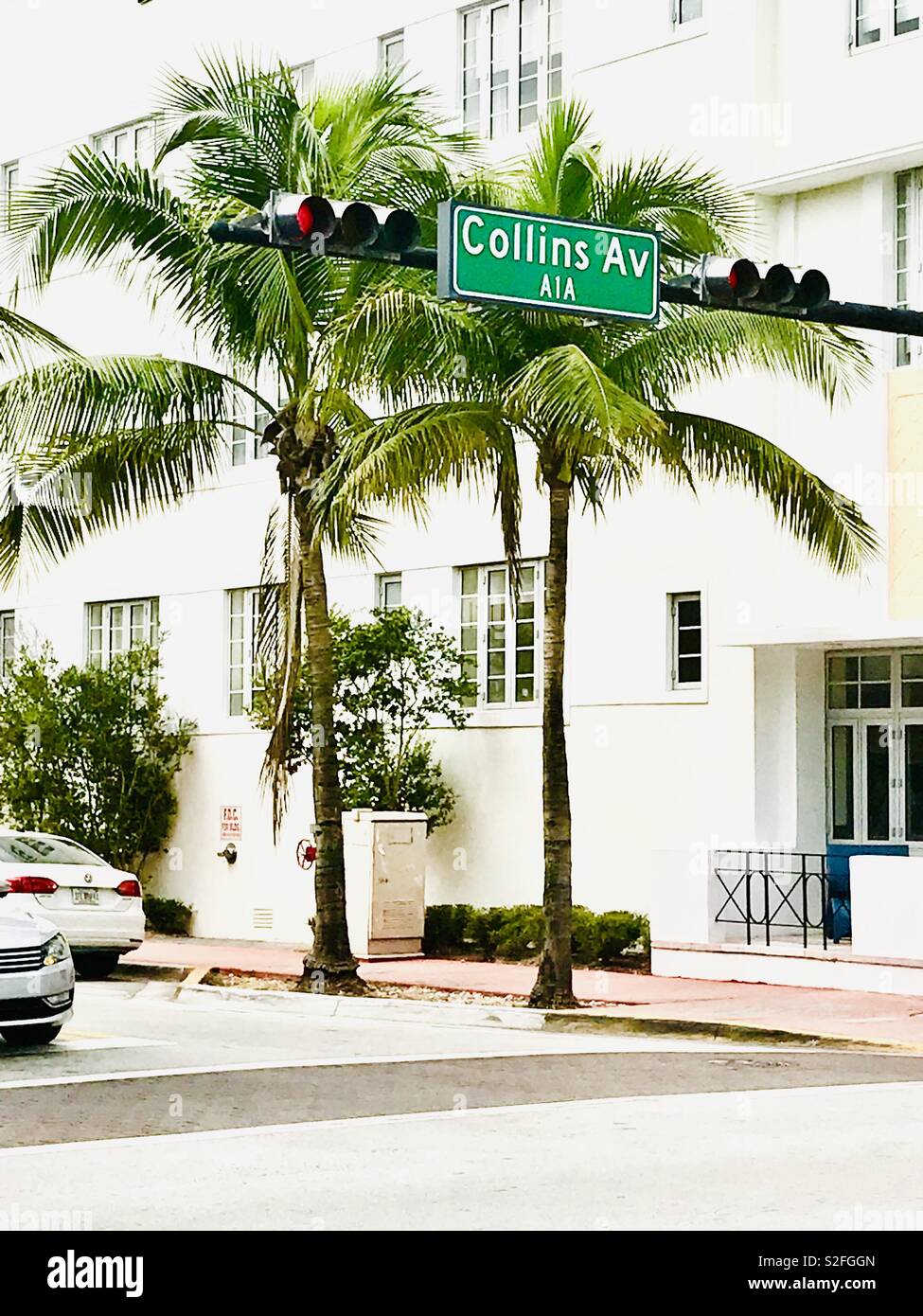Collins Av Sign with palm trees in South Beach Miami Florida Stock Photo