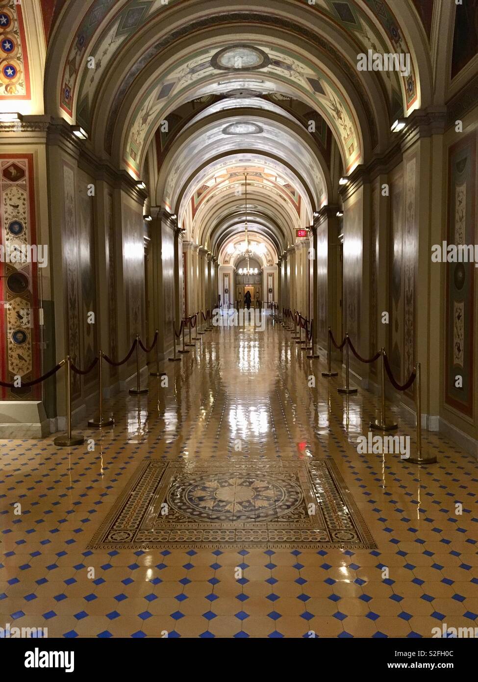Minton floor tiles and wall paintings in the Senate extension, The Capitol, Washington DC. Corridors of power. The Brumidi Corridors. Stock Photo