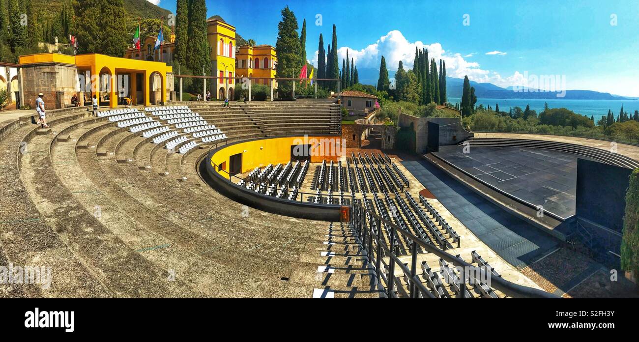 Panoramic view of the amphitheatre in the grounds of Il Vittoriale degli Italiani in Gardone, Lake Garda Stock Photo