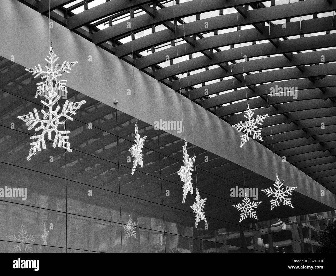 Snowflakes dangling in a downtown Calgary building atrium. - Smartphone Captured Stock Image