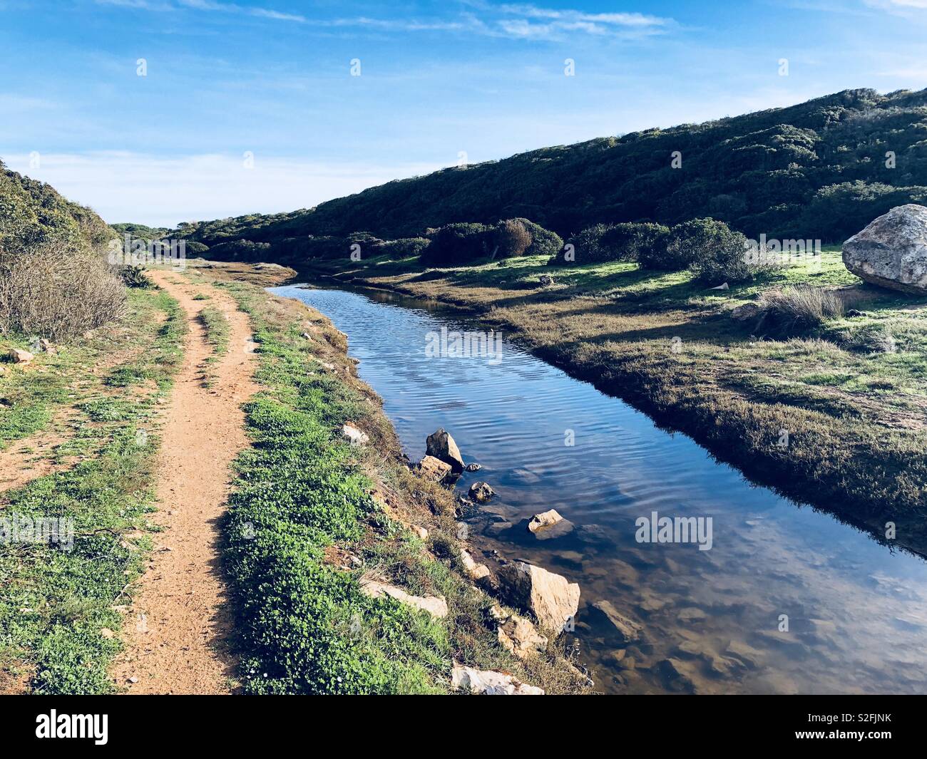 Stream with muddy path in moor land - Smartphone Captured Stock Image