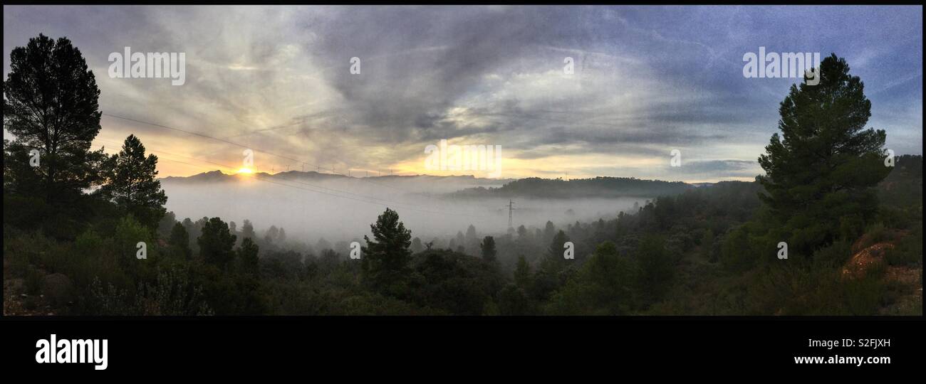 Misty panoramic sunrise, Catalonia, Spain. - Smartphone Captured Stock Image
