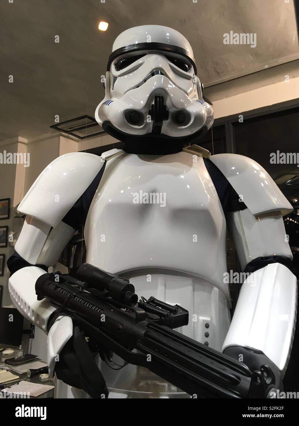 Star Wars storm trooper. Character from the Star Wars movie series in white armour shown in the window display at Shepperton design studios in Twickenham.England, UK Stock Photo