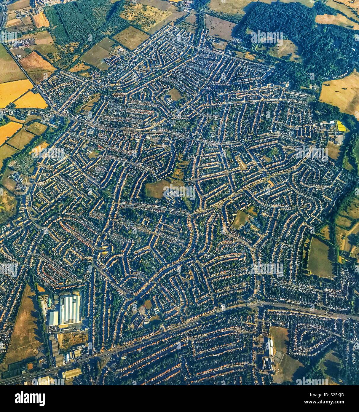 Aerial view of a large housing estate on the outskirts of London - Smartphone Captured Stock Image