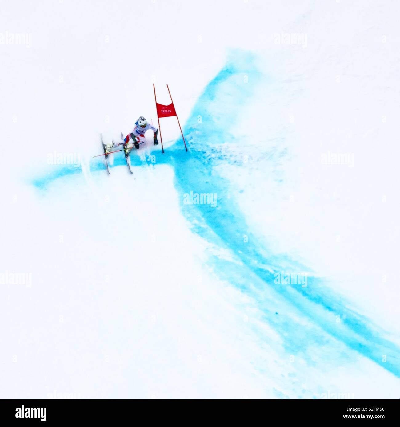 Downhill ski race training in Switzerland. Stock Photo